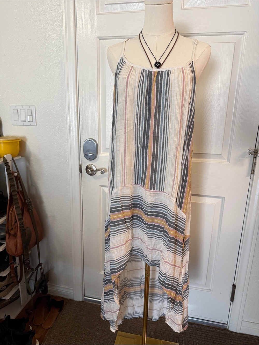 envy Striped Maxi Tank Dress in White, Gray & Mustard
